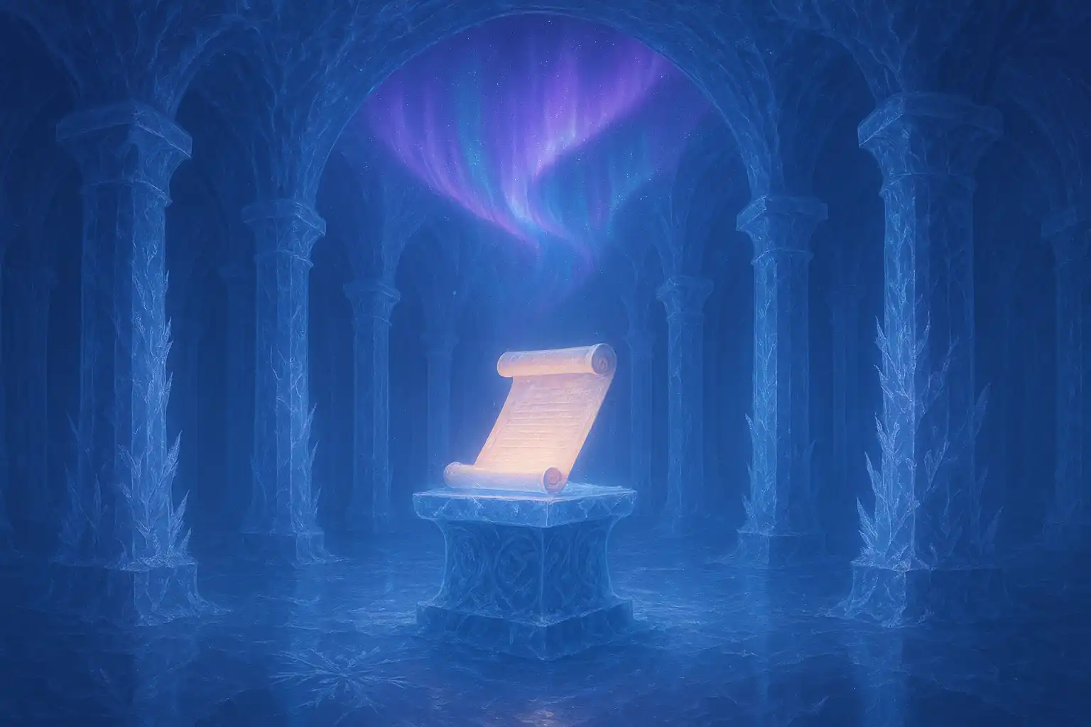 Ice-carved review hall inside the Betarctica citadel with a glowing verdict scroll