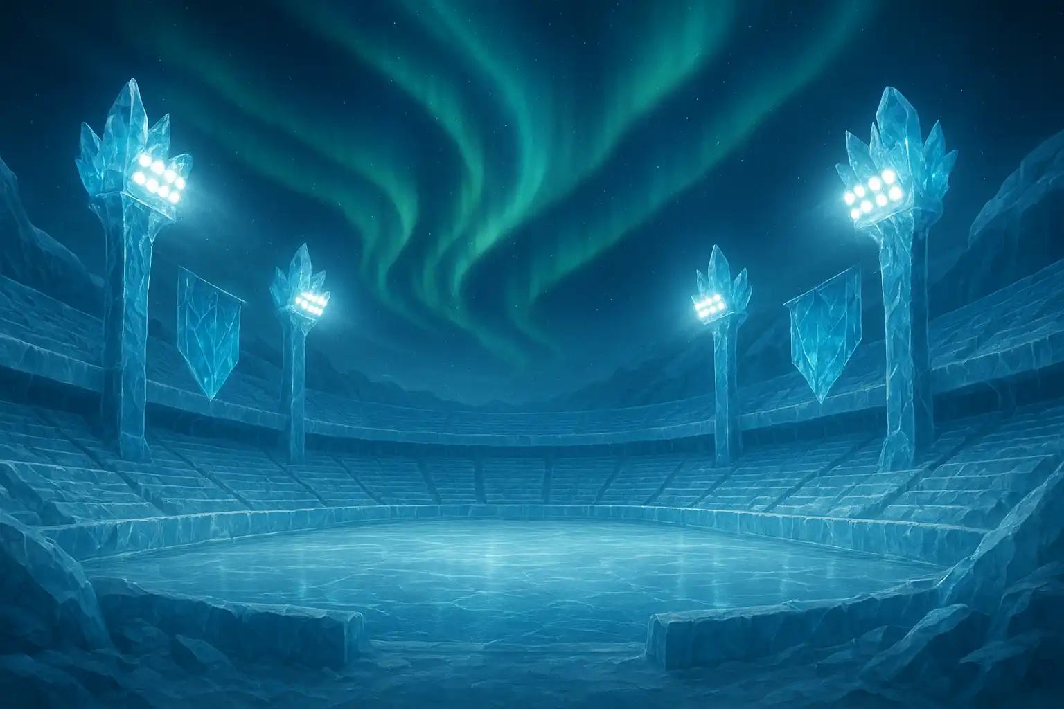 A frozen stadium arena carved from ice representing the Betarctica sportsbook